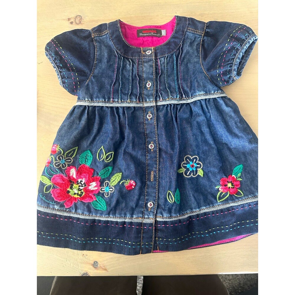 Catimini Girls 6 Months Blue Denim Floral Embroidered Fit & Flare Dress
